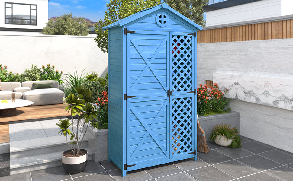 Outdoor Wood Garden Furniture Storage Shed, Tool House with Ventilation Slots for Backyard, Patio, Fade Free, All Weather Resistant, Safe and Secure, Zero Maintenance, Blue