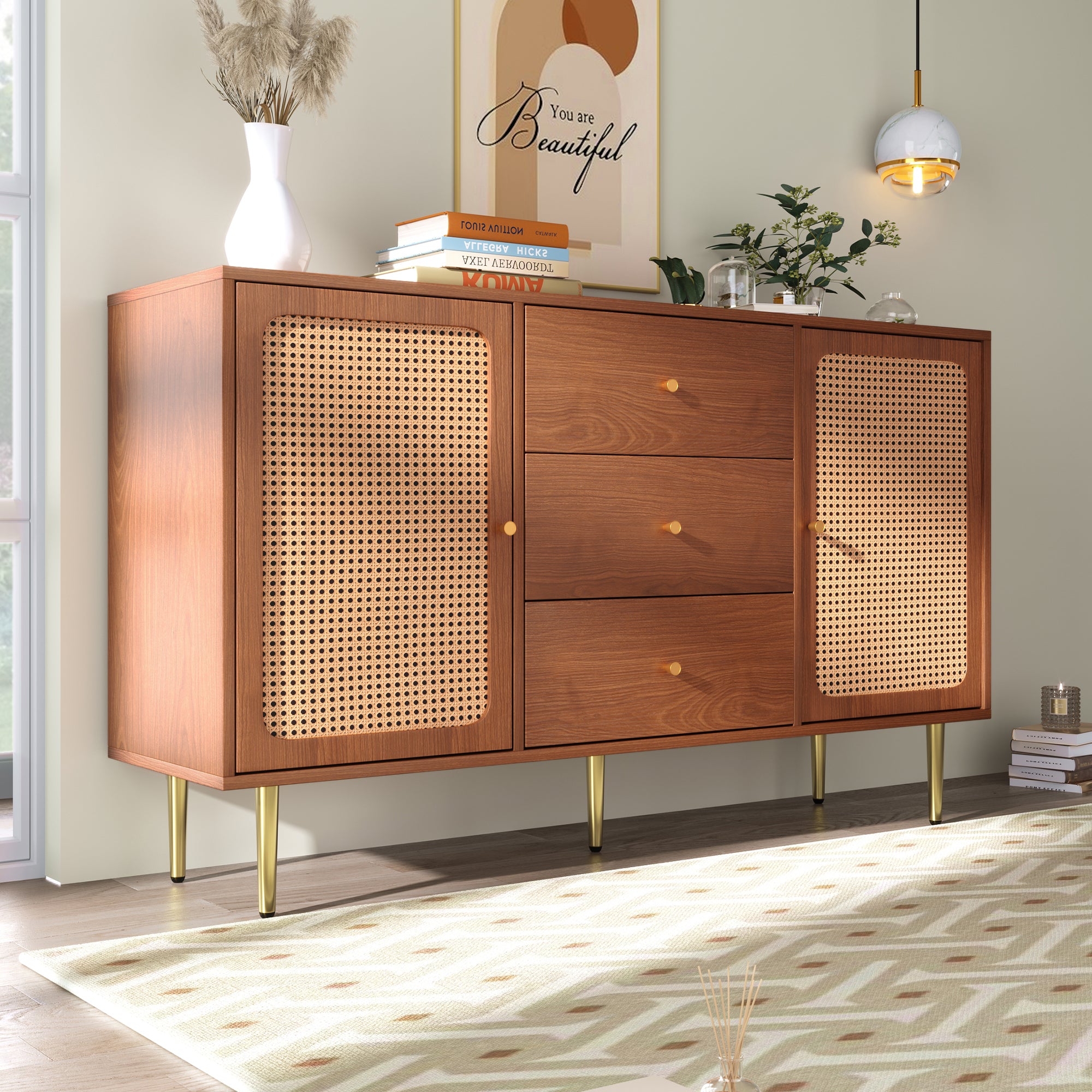 (=835960AAT) Rattan Sideboard Cabinet for Living Room, Chest of Drawers, Sideboard with 2 Doors and 3 Drawers, Adjustable Shelf, Walnut -90H/150W/40D cm
