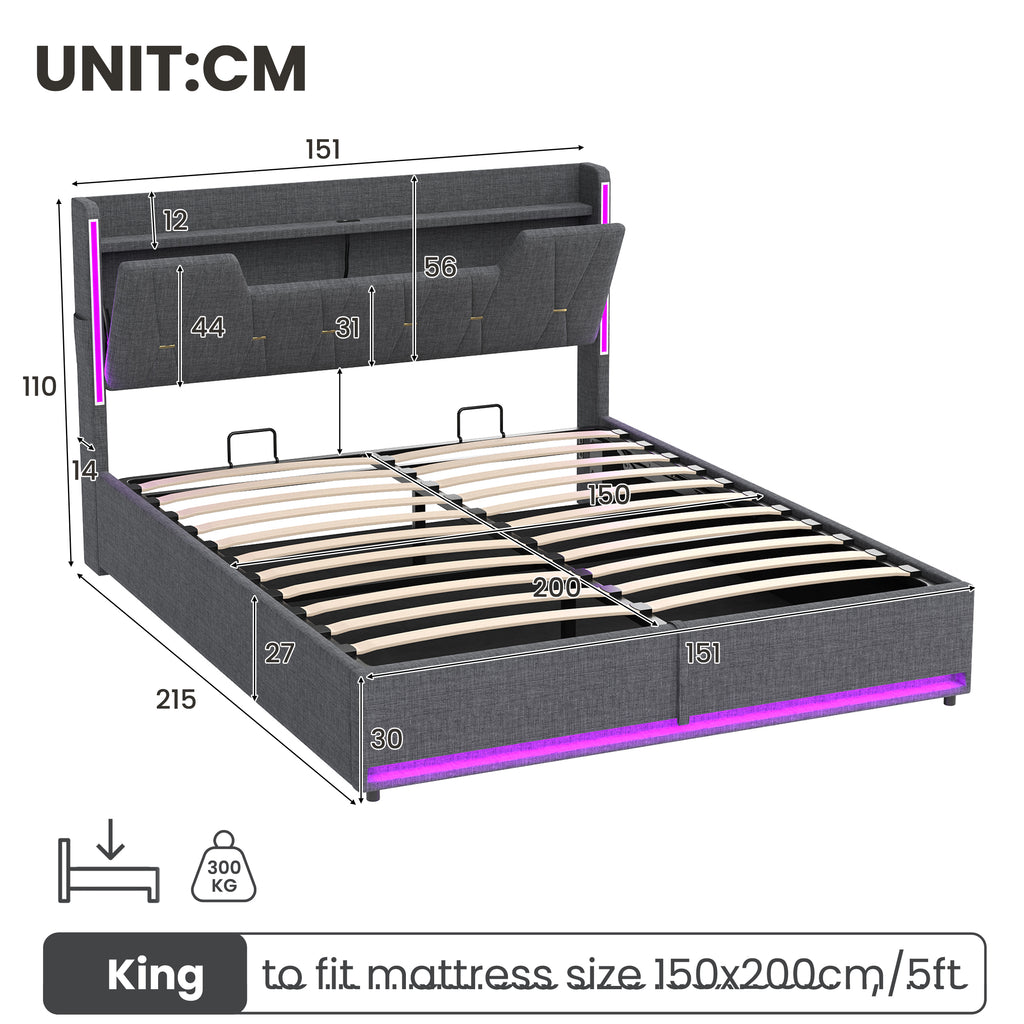 5ft King Upholstered Bed Frame with Hydraulic Storage,  LED X-Shape Headboard with Charging Station and Flip-top Headboard Storage, USB and Type - C Ports, Linen, Grey (No Mattress)