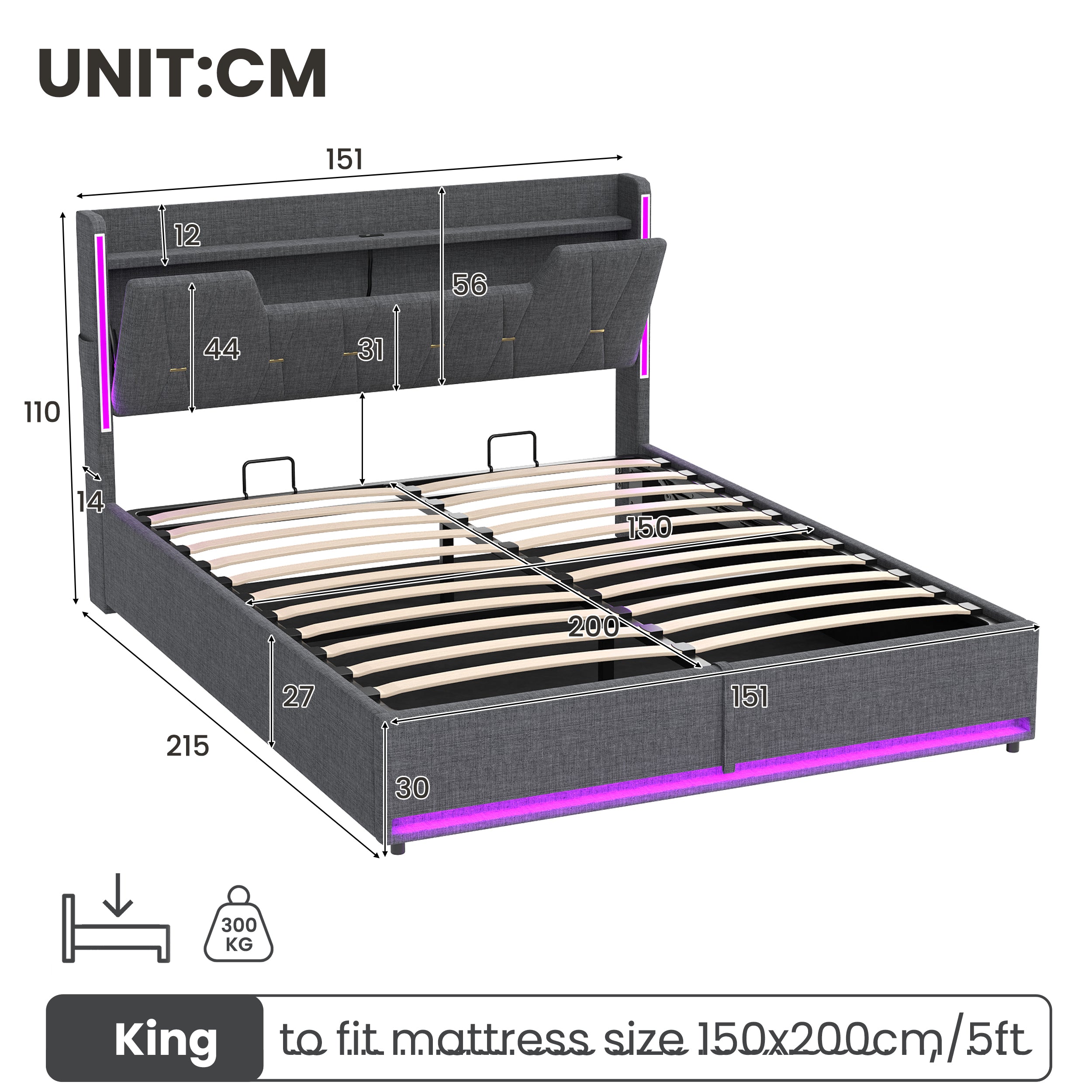 5ft King Upholstered Bed Frame with Hydraulic Storage,  LED X-Shape Headboard with Charging Station and Flip-top Headboard Storage, USB and Type - C Ports, Linen, Grey (No Mattress)