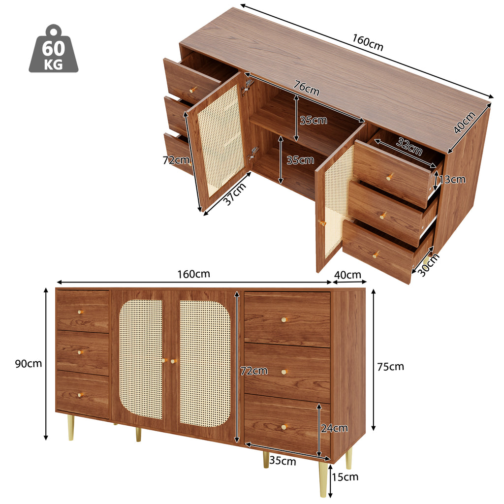 Modern sideboard 160*40*90cm, rattan door design, with 6 drawers, wooden texture, gold metal legs, dining room living room storage cabinet