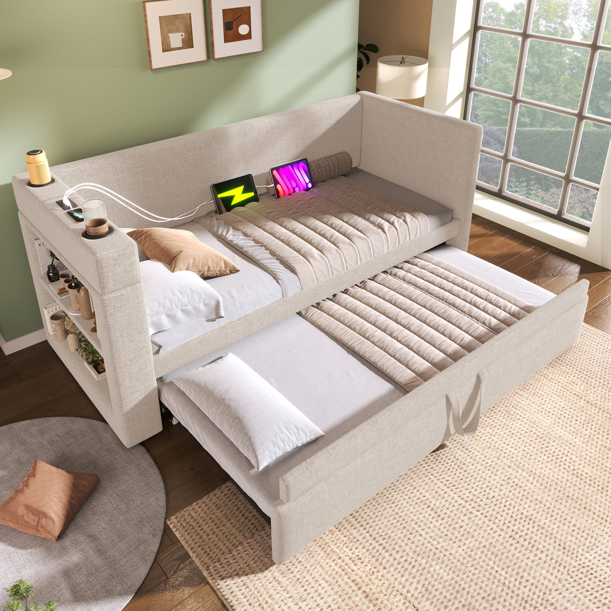 Daybed Upholstered Bed 90 x 190 cm, 3FT Single Sofa Bed with Cup Holders, USB &Type C Charging Station, Pull out Trundle for Living Room and Bedroom, Linen, Beige  (No Mattress)