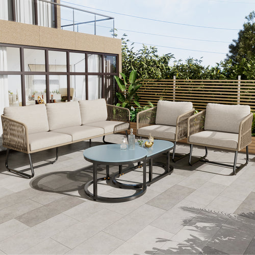 Outdoor Patio&Backyard Furniture Garden Lounge Set, Thick Quality Space Saving Sofas with Glass Coffee Table, Beige