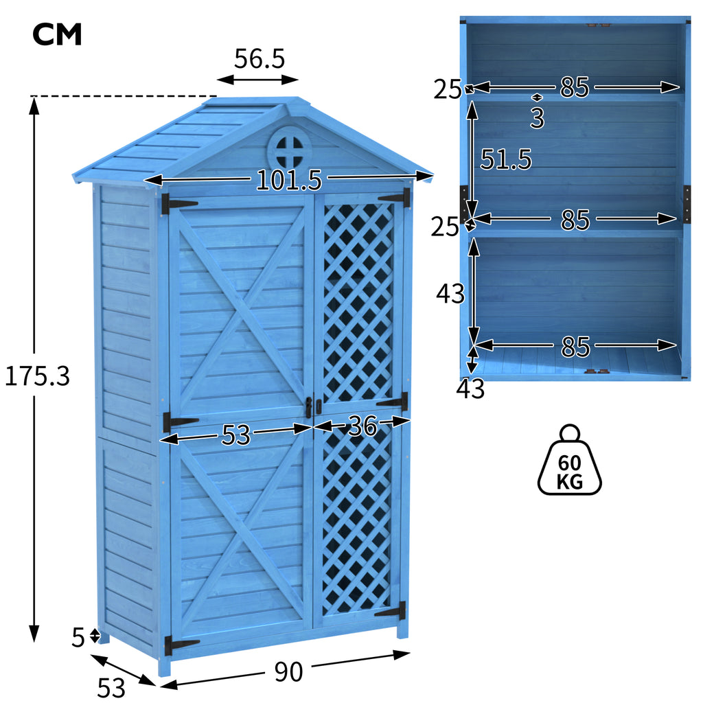 Outdoor Wood Garden Furniture Storage Shed, Tool House with Ventilation Slots for Backyard, Patio, Fade Free, All Weather Resistant, Safe and Secure, Zero Maintenance, Blue