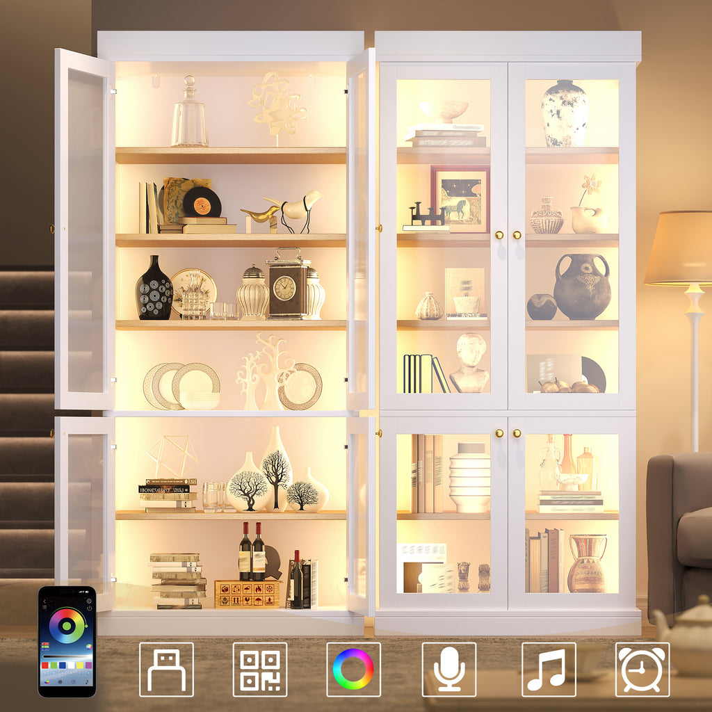 Modern freestanding cabinet with integrated LED mood lighting, glass display case, well-designed interior layout and anti-tip protection; stable, safe and versatile for the home; white.