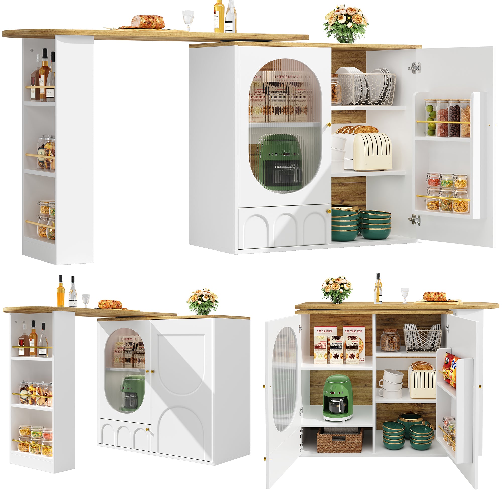 360° rotating bar table (body 138 x 39 x 105 cm), coffee bar furniture, rotating dining table with storage space, kitchen island, two doors with shelves, sideboard, buffet, white