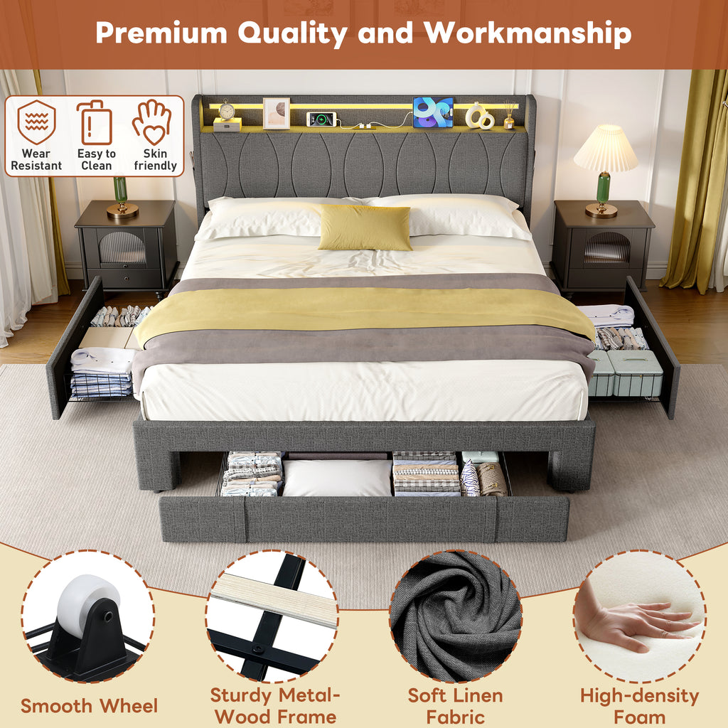 4ft6 Double Upholstered Bed with Three Storage Drawers, LED Headboard with Charging Station and Concealed Headboard Storage,USB and Type - C Ports, Linen, No Box Spring Needed, Grey (No Mattress)