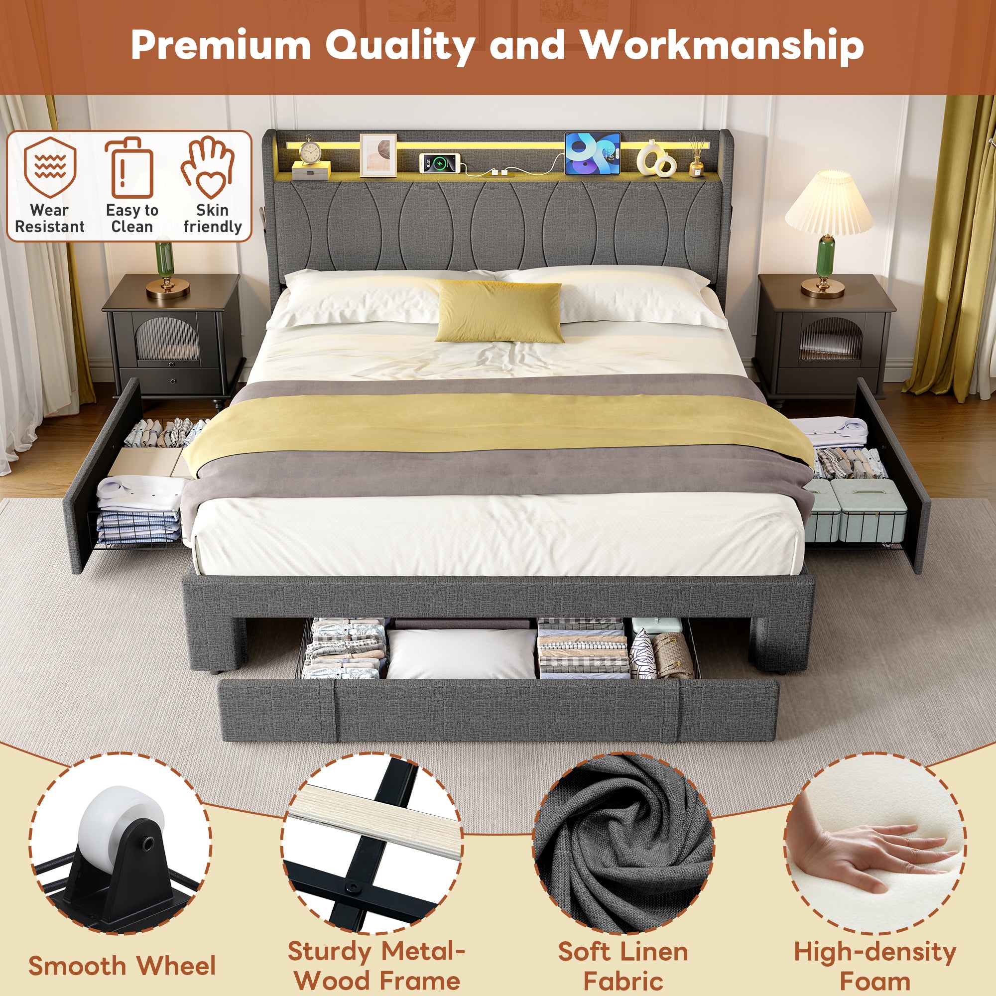 4ft6 Double Upholstered Bed with Three Storage Drawers, LED Headboard with Charging Station and Concealed Headboard Storage,USB and Type - C Ports, Linen, No Box Spring Needed, Grey (No Mattress)