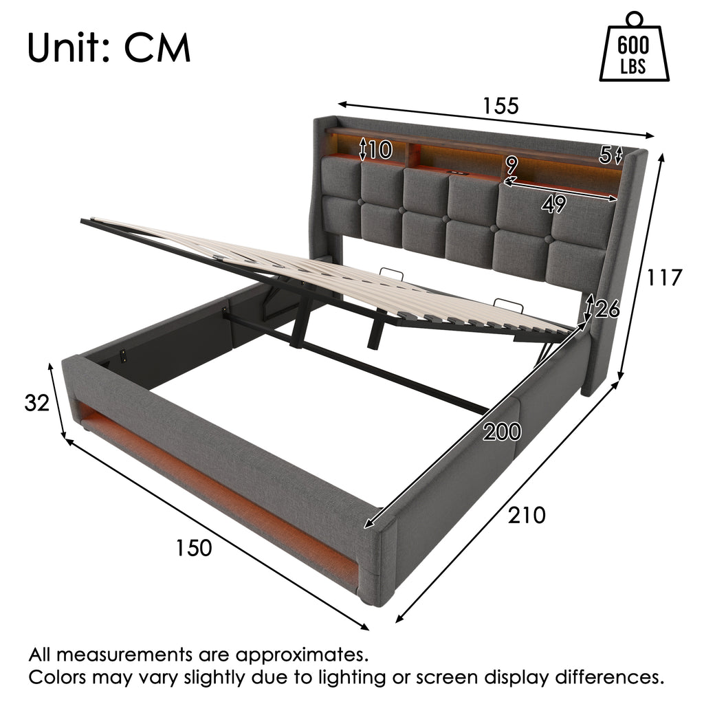 Upholstered Bed 150 x 200 cm with LED Lighting, USB Type-C Charging Function, Storage Headboard, 5FT King Size Storage Bed Frame with Metal Slatted Frame, Linen, Grey (No Mattress)