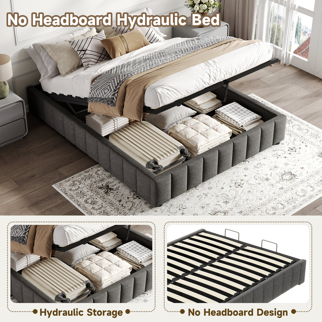 4ft6 Double Upholstered Storage Bed Frame, No Headboard  Linen Bed Frame with Hydraulic Storage, Channel Tufted  Ottoman Bed, Metal-Wood Support, No Box Spring Needed, Easy Assembly,Grey (No Mattress)