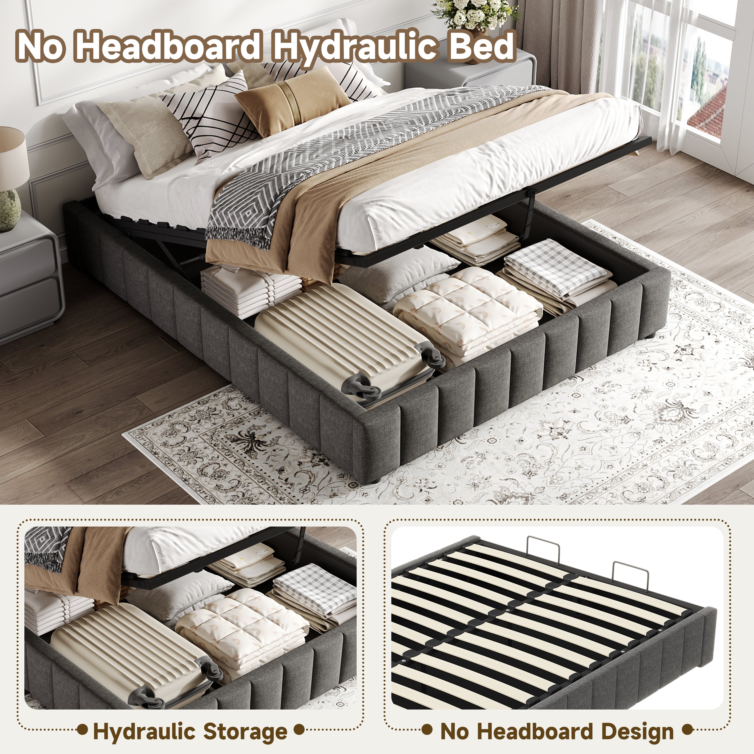 4ft6 Double Upholstered Storage Bed Frame, No Headboard  Linen Bed Frame with Hydraulic Storage, Channel Tufted  Ottoman Bed, Metal-Wood Support, No Box Spring Needed, Easy Assembly,Grey (No Mattress)