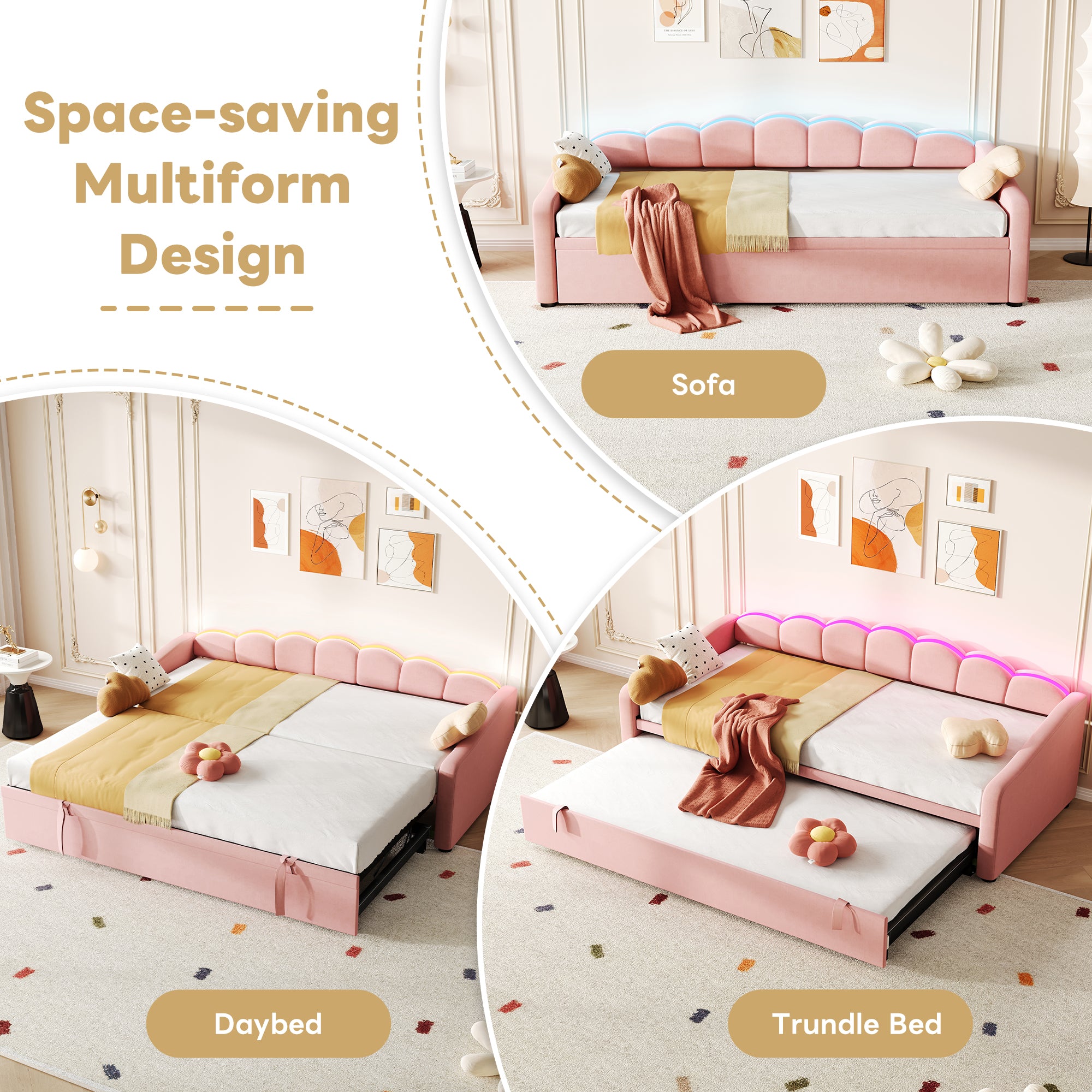 Upholstered Bed 90x190cm, Daybed, Sofa Bed with RGB LED Lighting, 3ft Petal Shape Single Bed with Trundle,Pull out Trundle Bed for Living Room/ Bedroom/ Study Room, Velvet, Pink (No Mattress)