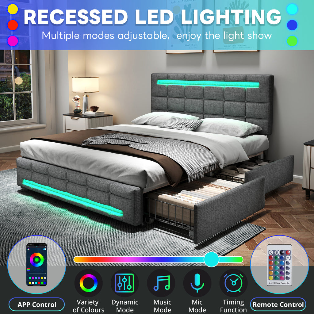 4ft6 Double Upholstered Bed with LED Lighting and Storage Drawers, Linen Fabric Storage Bed Frame with Adjustable Button Tufted Headboard, No Box Spring Needed, Easy Assembly, Grey (No Mattress)