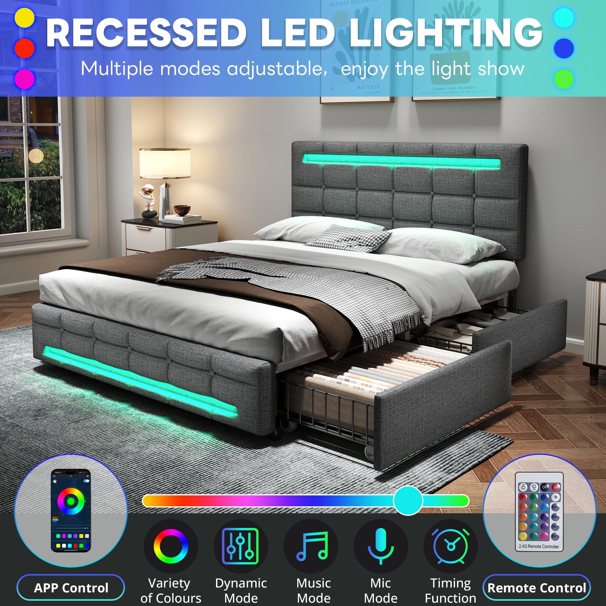 4ft6 Double Upholstered Bed with LED Lighting and Storage Drawers, Linen Fabric Storage Bed Frame with Adjustable Button Tufted Headboard, No Box Spring Needed, Easy Assembly, Grey (No Mattress)