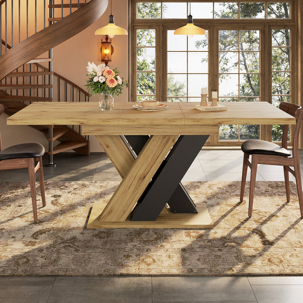 Dining table Telescopic table ,  kitchen table, extendable to 119-158.5cm with the aid of internal insert panels, for kitchen and living room, wood-colored dining table with X-shaped legs