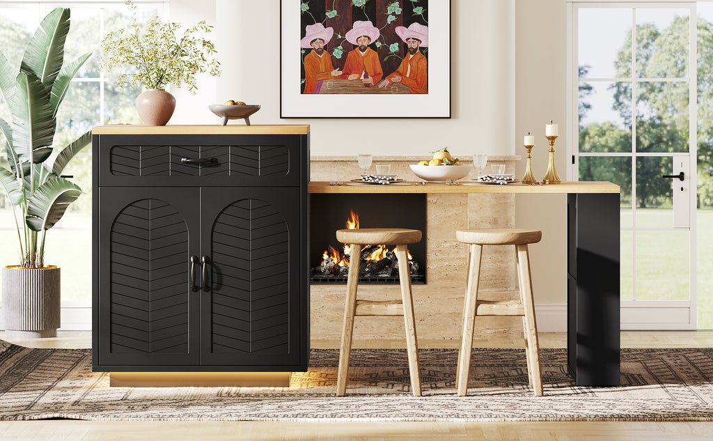 Extendable Kitchen Island with Dining Table, Multifunctional Storage Cabinet with Drawers, Doors, Wine Rack & LED Light, for Kitchen & Dining Room