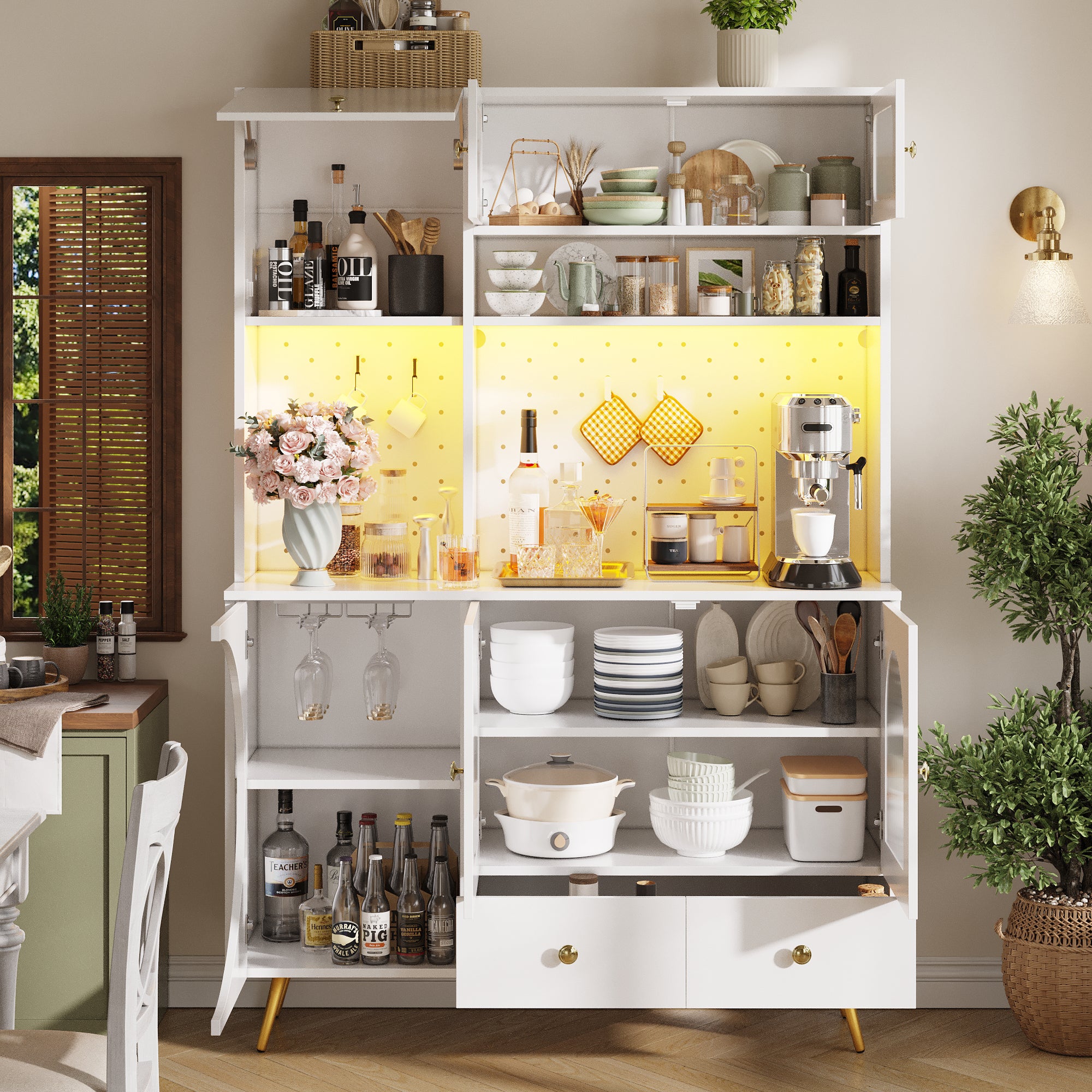 Tall Kitchen Cabinet with LED Lights & USB Ports, Modern Sideboard Storage Cabinet with Power Outlets, Perforated Wall, Drawer & Glass Shelves, for Kitchen & Living Room, 120x40x176 cm, White