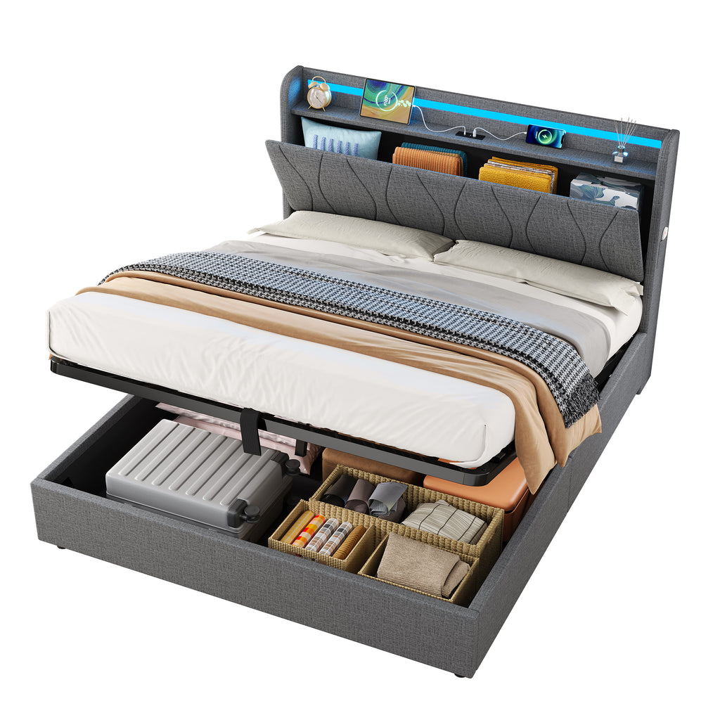 4ft6 Double Upholstered Bed Frame with Hydraulic Storage, LED Headboard with Charging Station and Concealed Headboard Storage, USB and Type - C Ports, Linen, No Box Spring Needed, Grey (No Mattress)