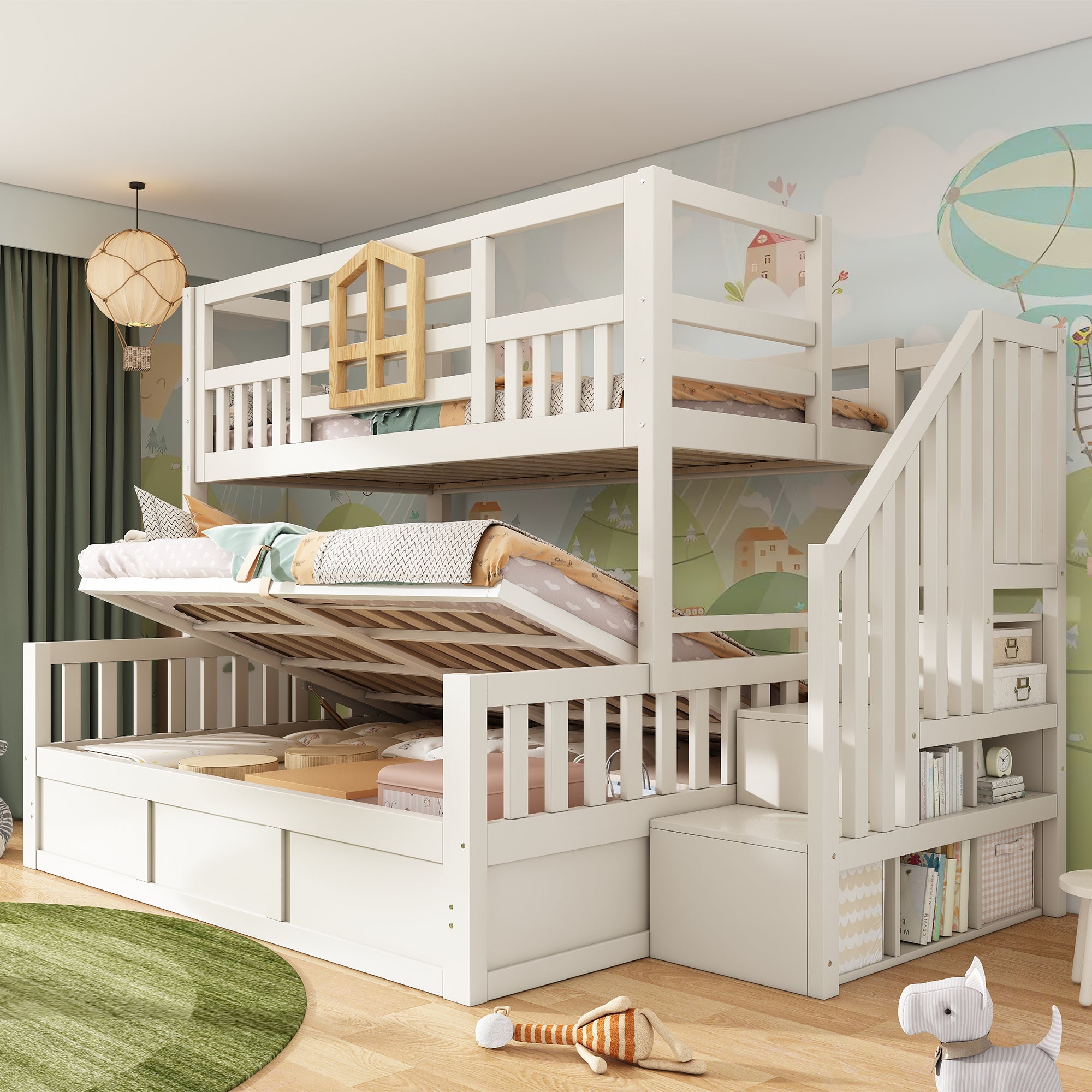 Bunk Beds for Kids, Staircase Bunk with Hydraulic Storage, Children's Bed with Storage Cube, Double Bunk Bed for Family with Multiple Children, (90+135) x 190 cm, Solid Wood, White