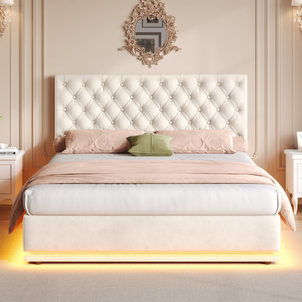 Double Ottoman Bed with LED Lighting, Velvet Upholstered Bed with Hydraulic Storage, 4ft6 Double Bed Frame with Handmade Button Tufted Adjustable Headboard, No Box Spring Needed, Beige (No Mattress)