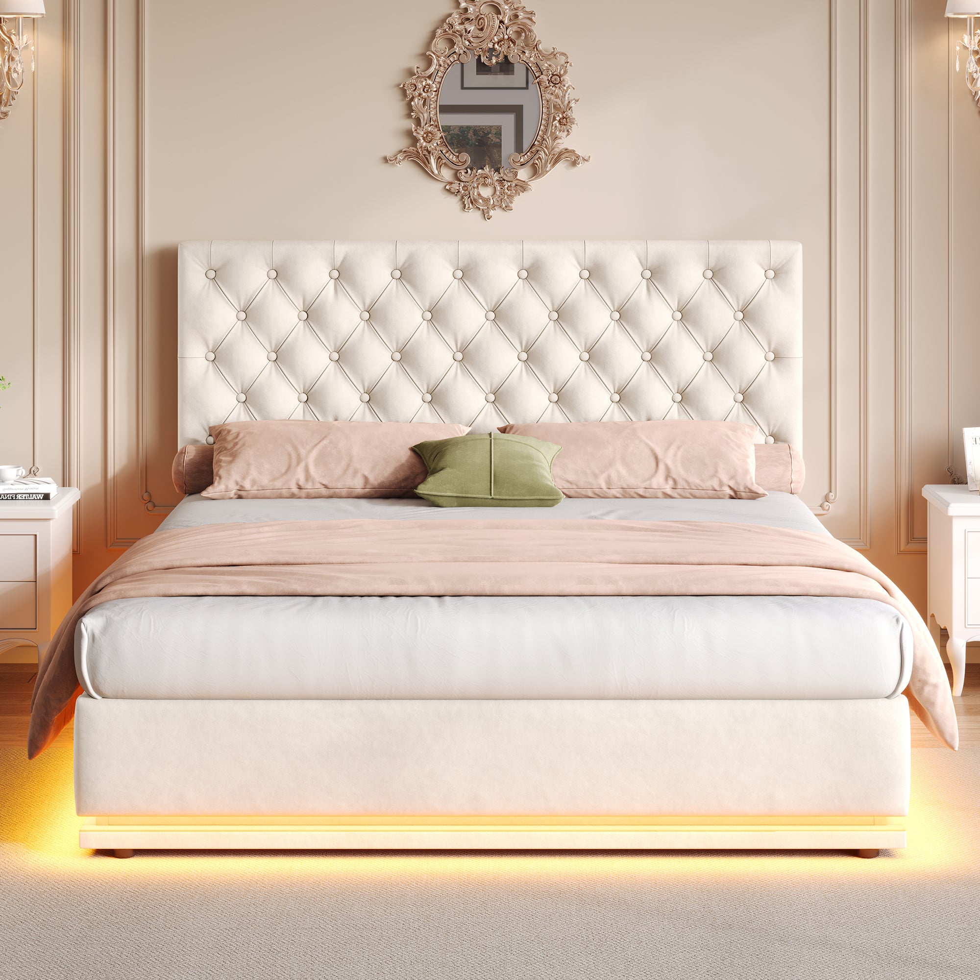 Double Ottoman Bed with LED Lighting, Velvet Upholstered Bed with Hydraulic Storage, 4ft6 Double Bed Frame with Handmade Button Tufted Adjustable Headboard, No Box Spring Needed, Beige (No Mattress)