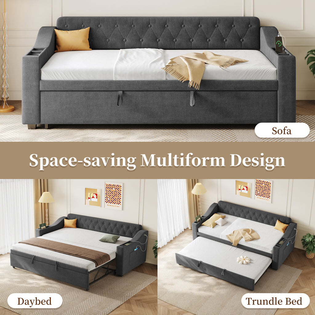 Upholstered Bed 90x190cm, Daybed, Sofa Bed with Charging Station, 3ft Single Linen Daybed with Armrest Storage. Pull out Trundle Bed for Living Room/ Bedroom/ Study Room, Grey (No Mattress)