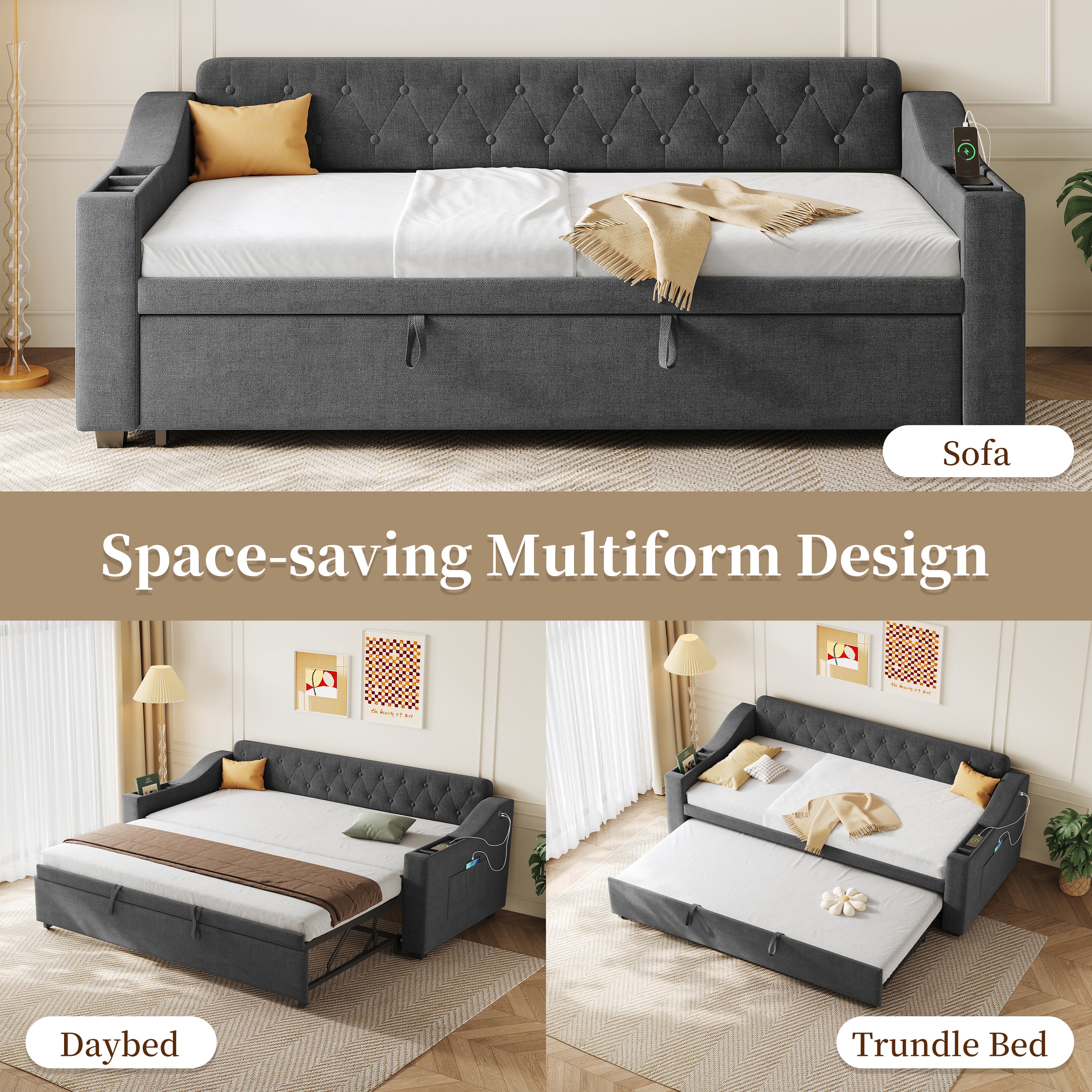 Upholstered Bed 90x190cm, Daybed, Sofa Bed with Charging Station, 3ft Single Linen Daybed with Armrest Storage. Pull out Trundle Bed for Living Room/ Bedroom/ Study Room, Grey (No Mattress)