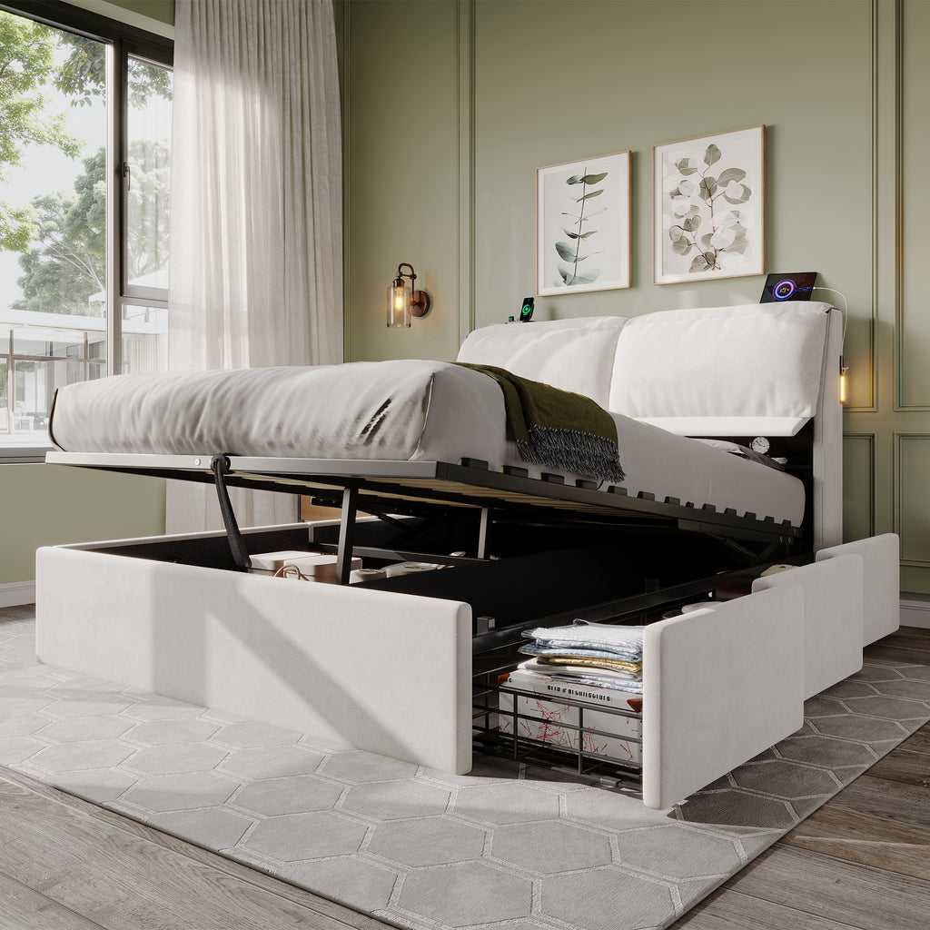 5ft King Bed with Hydraulic Storage, Velvet Upholstered Bed with Headboard Flip-top Storage and Drawers, Back Cushion Headboard with Charging Station and LED Night Light, Cream White (No Mattress)