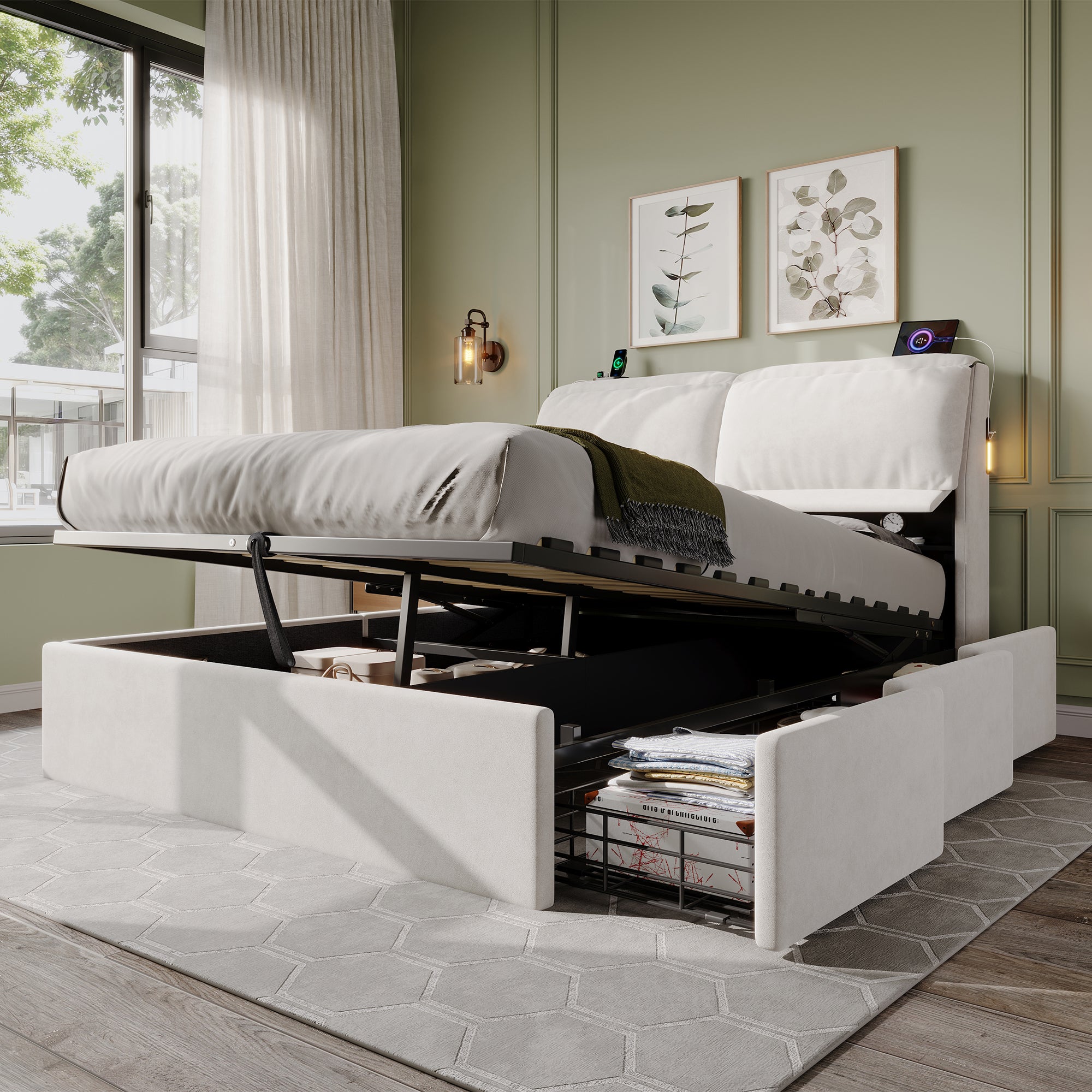 5ft King Bed with Hydraulic Storage, Velvet Upholstered Bed with Headboard Flip-top Storage and Drawers, Back Cushion Headboard with Charging Station and LED Night Light, Cream White (No Mattress)