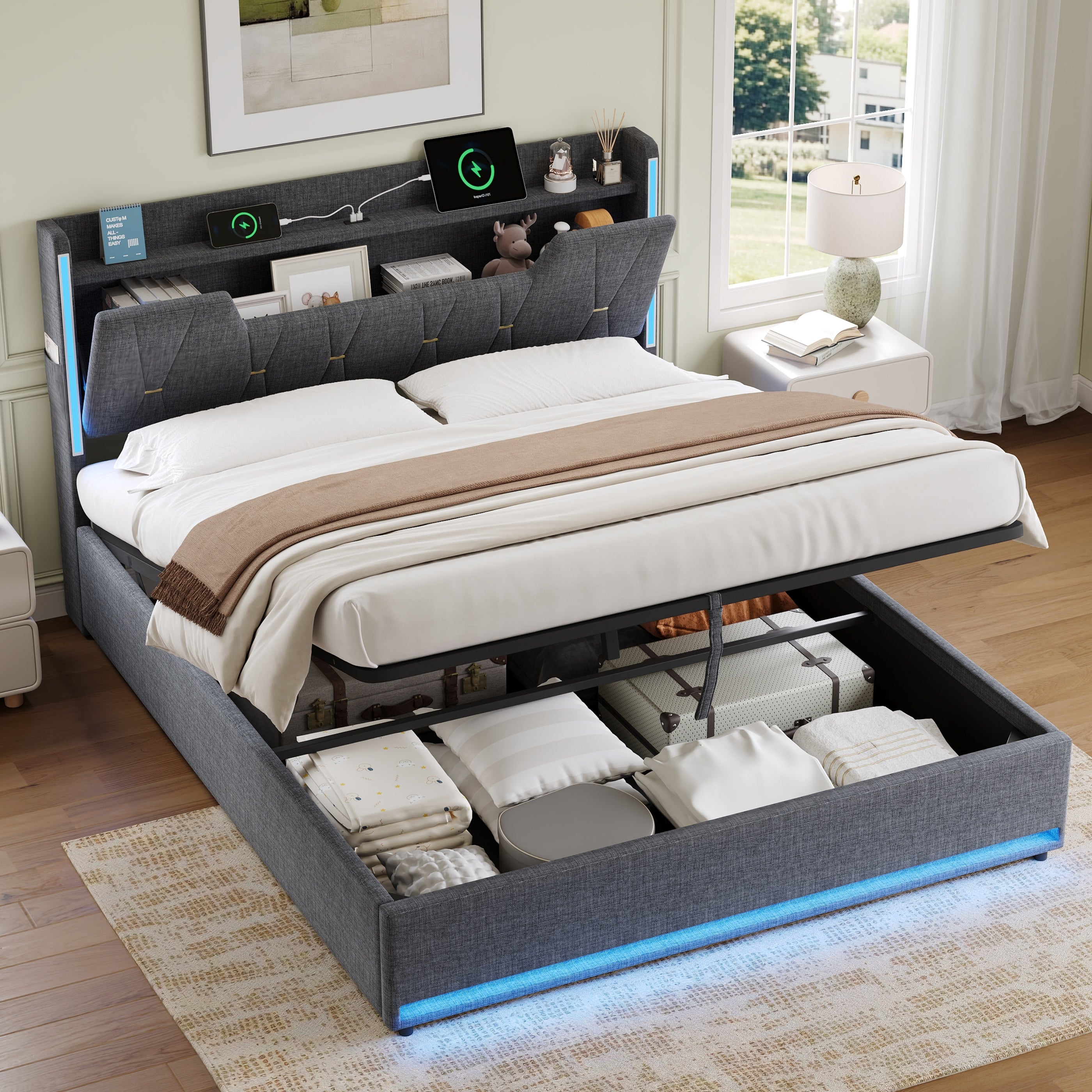5ft King Upholstered Bed Frame with Hydraulic Storage,  LED X-Shape Headboard with Charging Station and Flip-top Headboard Storage, USB and Type - C Ports, Linen, Grey (No Mattress)