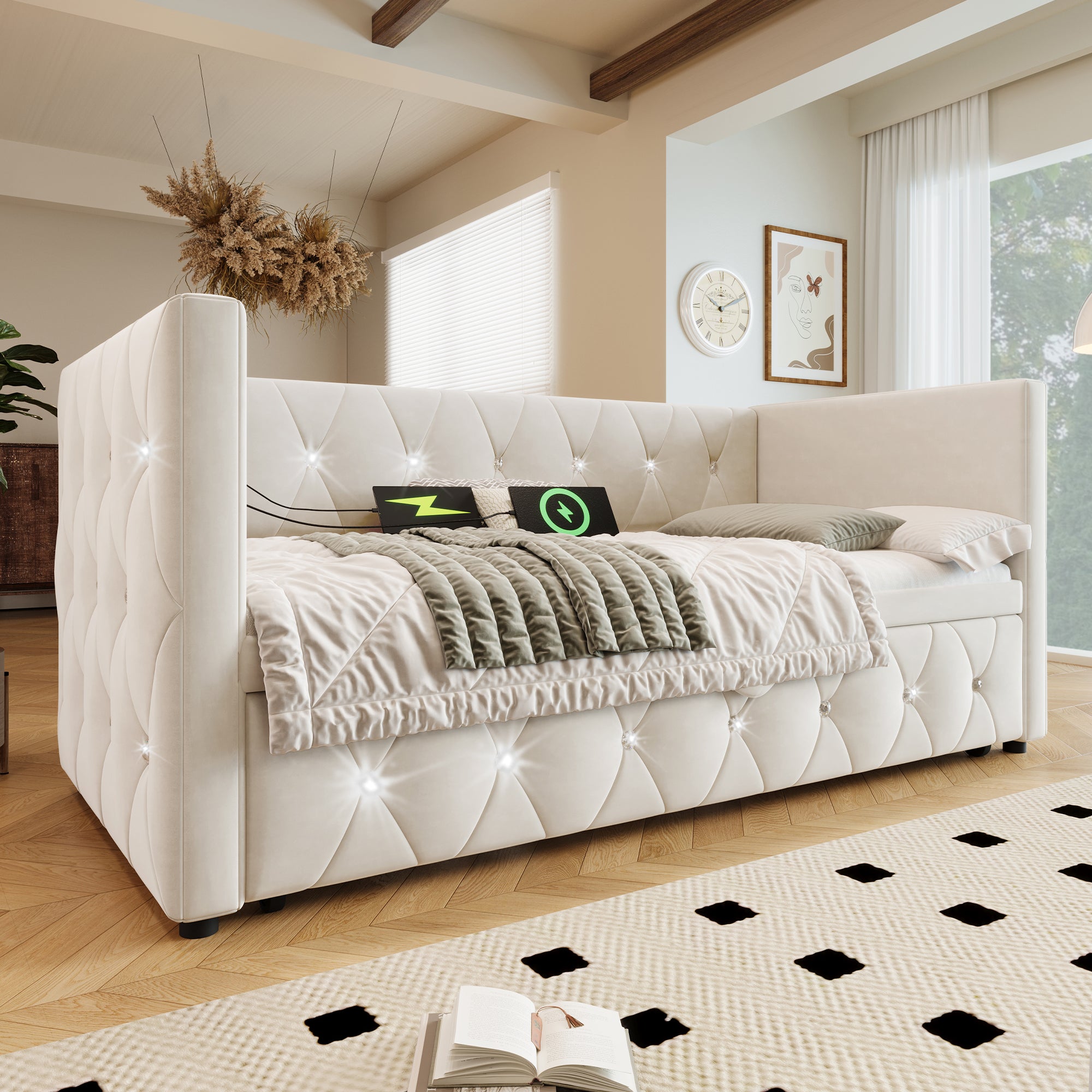 Daybed Single Upholstered Bed Sofa Bed with USB &Type C Charging Sations, 3FT Single Bed 90x190cm with Trundle ,Pull out Trundle for Living Room and Bedroom,Velvet ,Beige