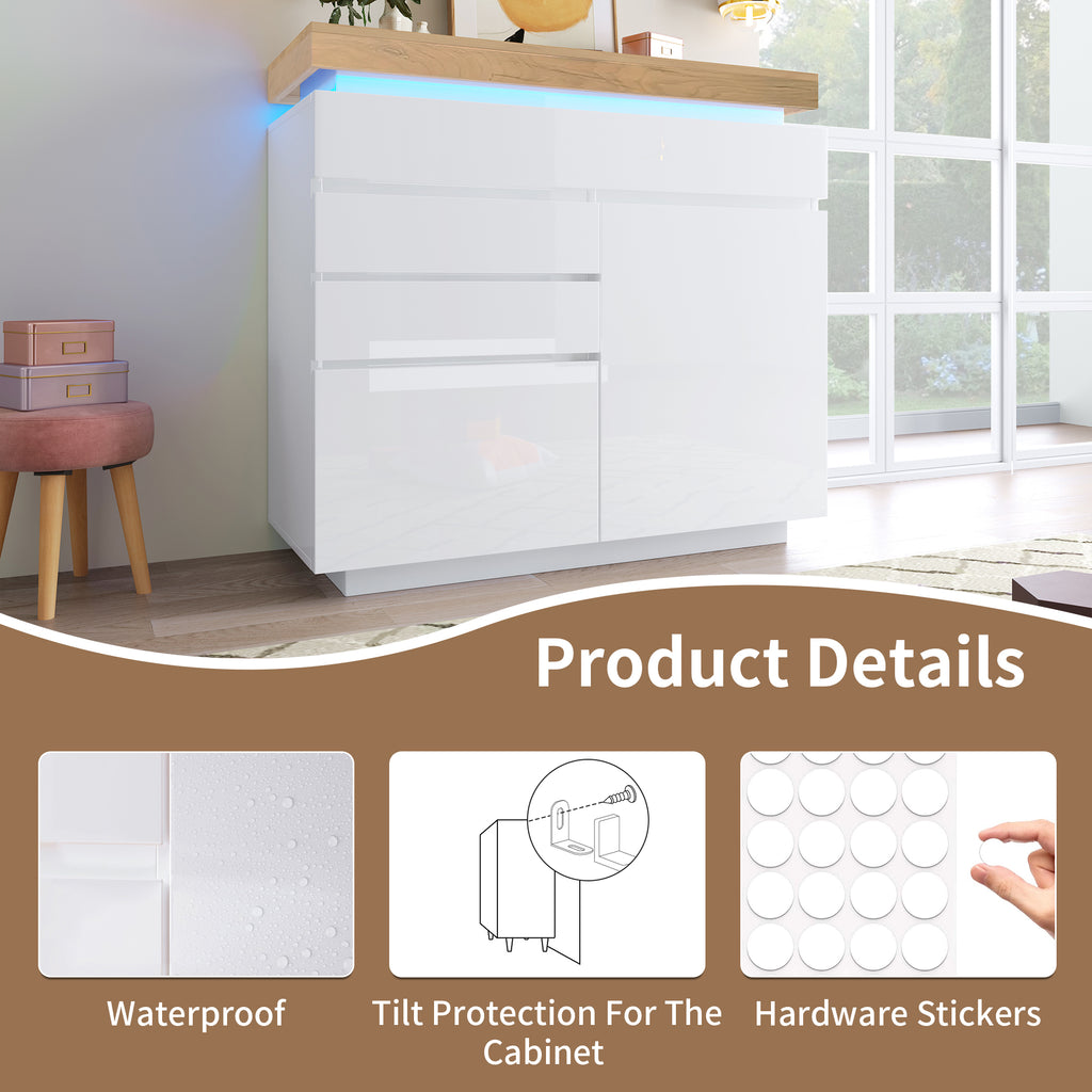 Chest of Drawers,High-gloss Sideboard Cabinet with 2 Doors and 3 Drawers,Storage with RGB LED(App-controlled),Multi-purpose Cabinet for Living Room and Bedroom, 115 x 110 x 39 cm, White