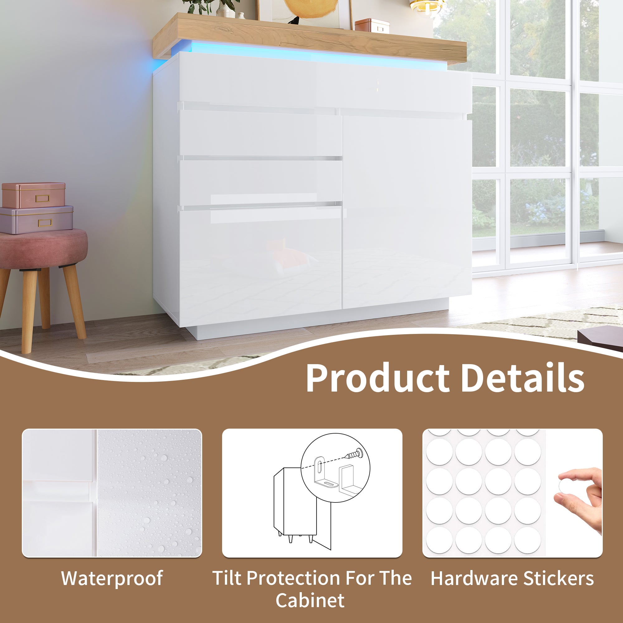 Chest of Drawers,High-gloss Sideboard Cabinet with 2 Doors and 3 Drawers,Storage with RGB LED(App-controlled),Multi-purpose Cabinet for Living Room and Bedroom, 115 x 110 x 39 cm, White