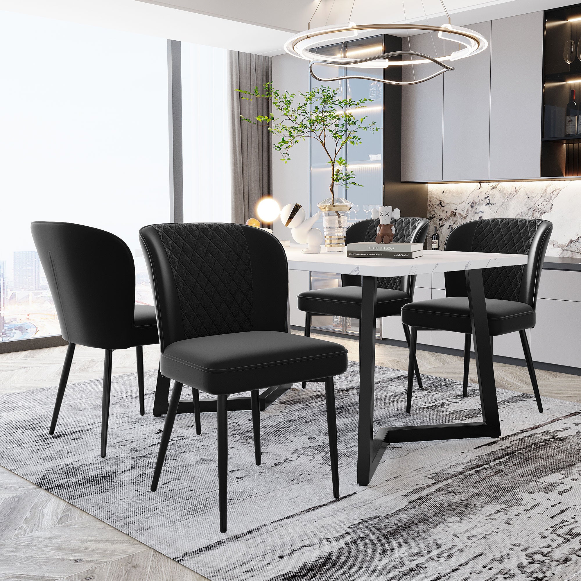 Velvet  dining chair (4 pcs), black, Modern Vanity Chair Kitchen Accent Occasional Chair with Metal Legs for Dining Room Living Room,upholstered chair  with backrest,seat in velvet metal frame