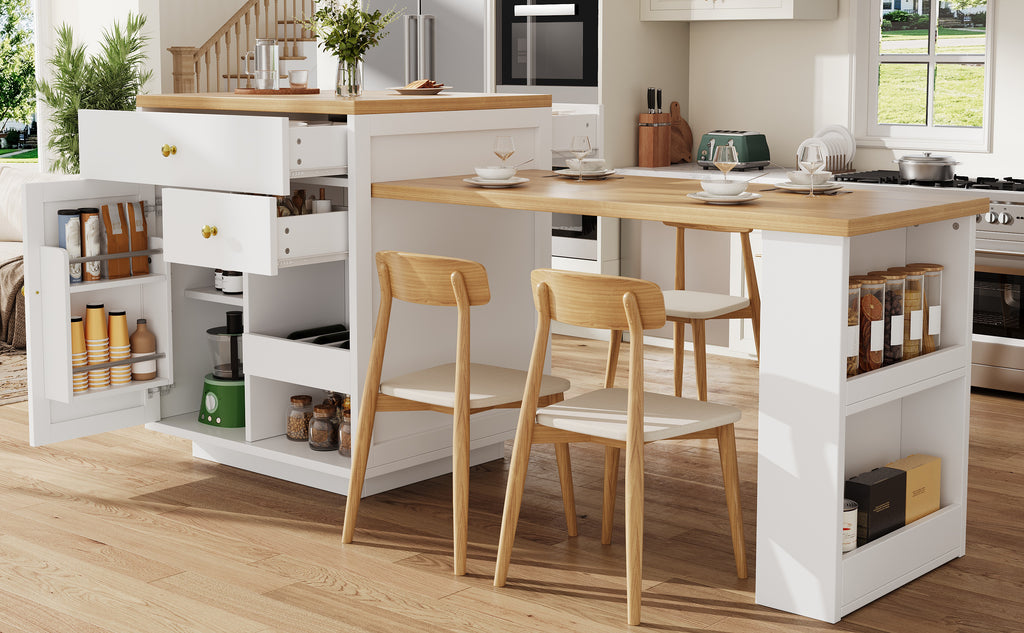 Extendable bar table with storage (122.5-195.5×70×93.8cm), with three drawers and wine rack, kitchen island with extendable table, for 2-6 people, kitchen dining cart with side shelves, white