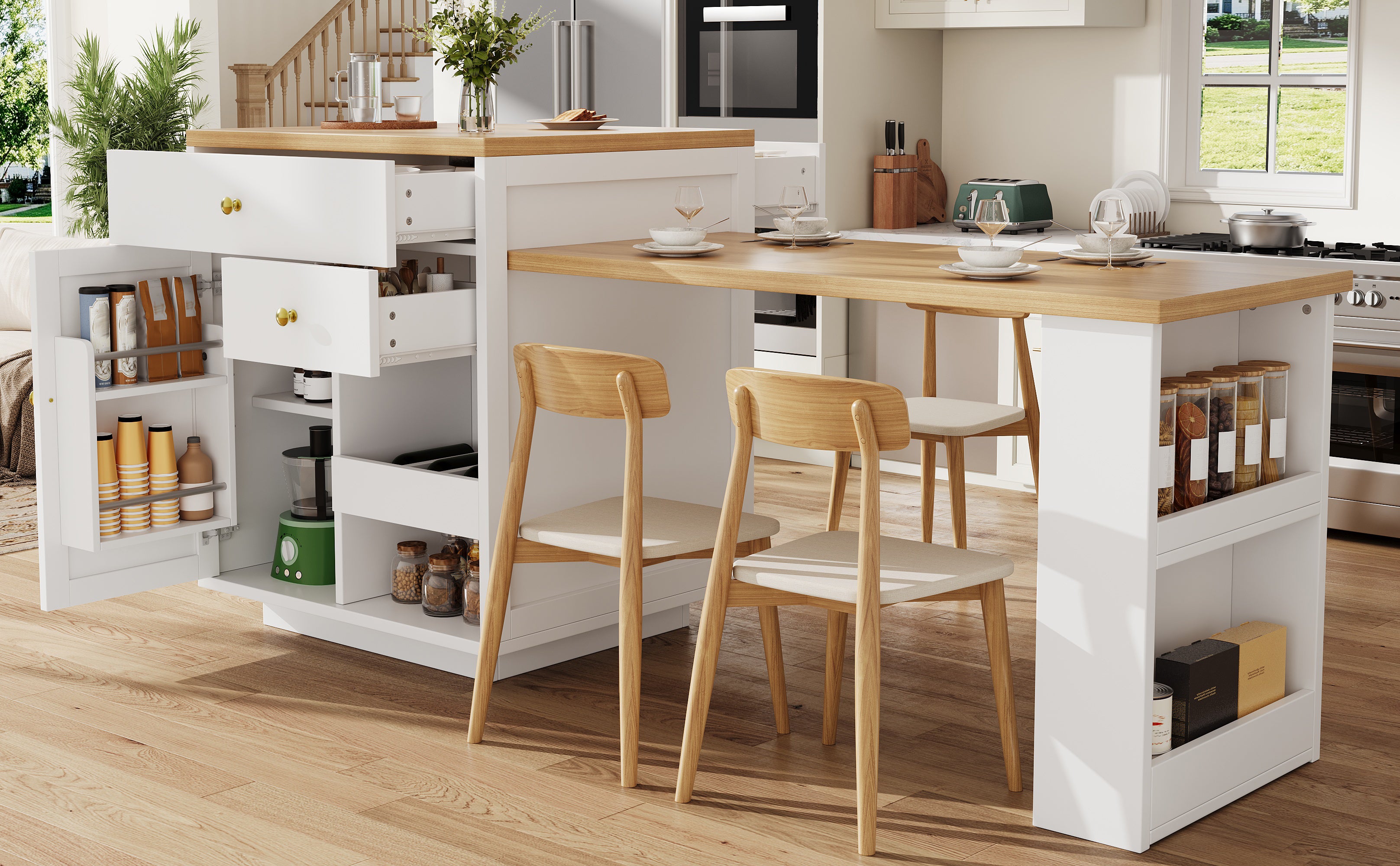 Extendable bar table with storage (122.5-195.5×70×93.8cm), with three drawers and wine rack, kitchen island with extendable table, for 2-6 people, kitchen dining cart with side shelves, white