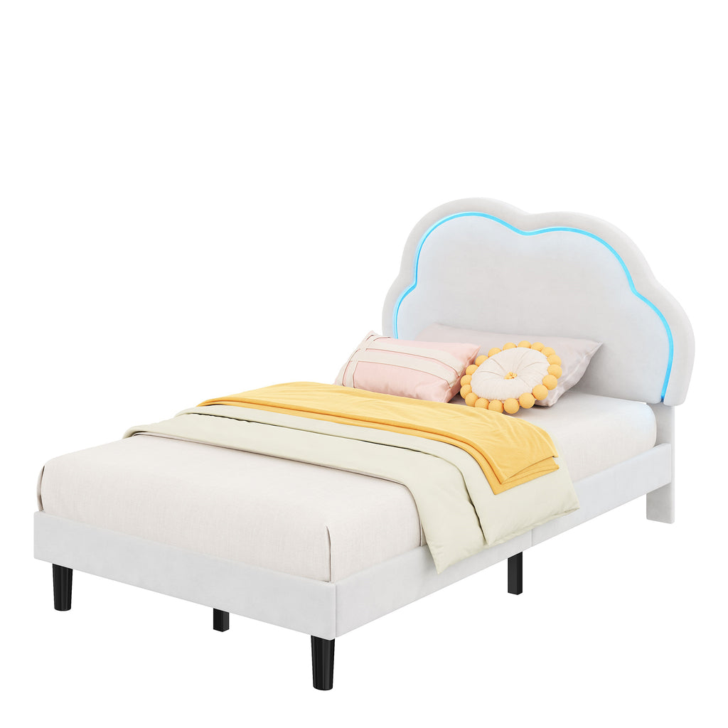 3ft Single Upholstered Bed with LED Adjustable Cute Cloud Headboard, Soft Velvet Bed Frame with Solid Wood Slat, No Box Spring Needed, Easy Assembly, Cream White (No Mattress)