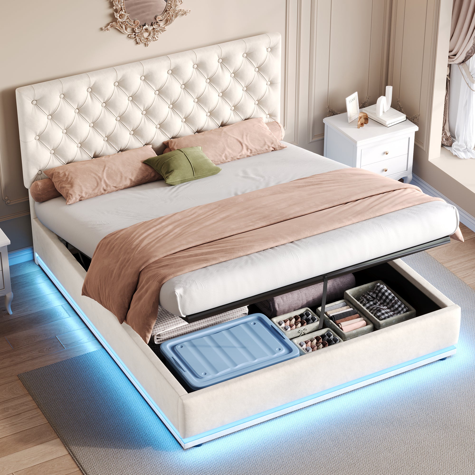 Double Ottoman Bed with LED Lighting, Velvet Upholstered Bed with Hydraulic Storage, 4ft6 Double Bed Frame with Handmade Button Tufted Adjustable Headboard, No Box Spring Needed, Beige (No Mattress)