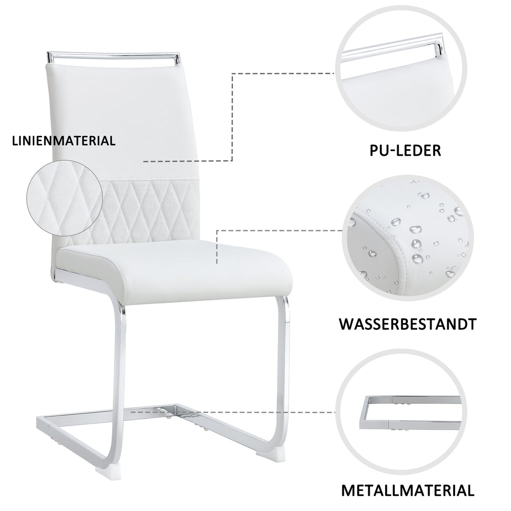 Modern dining chairs set of 2, backrest made of PU faux leather and linen, high back padded side chair, horizontal stripes backrest design for dining room, kitchen, guest office chair, white