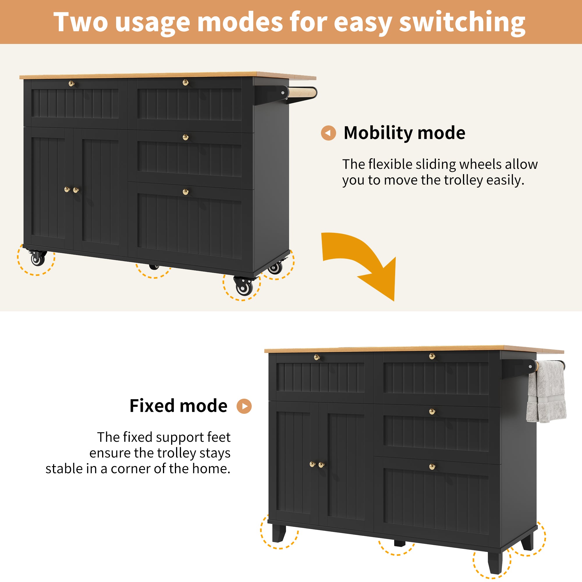 Rolling Mobile Kitchen Island, Table on Wheels with Drawer and Storage Cabinet, Portable Kitchen Island Cart with Drop Leaf, Breakfast Bar, Towel Rack, Black
