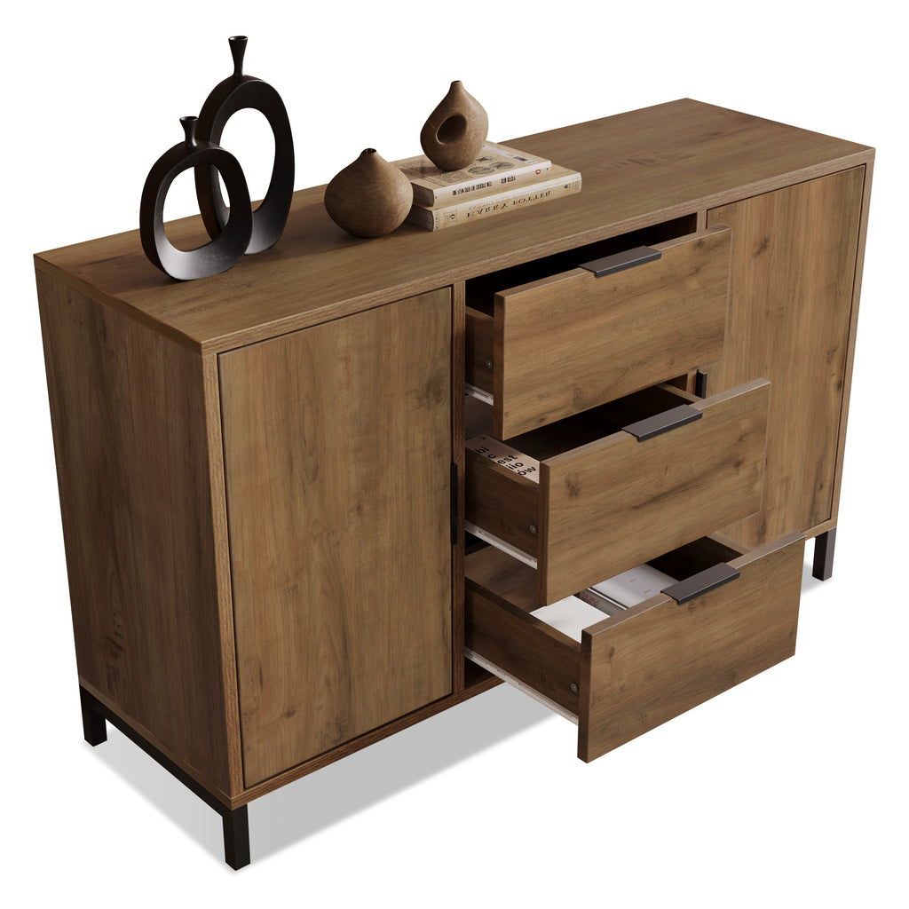  Sideboard Cabinet for Living Room, Chest of Drawers with 2 Doors and 3 Drawers, Adjustable shelf, Dark Oak, 40D x 120W x 76H cm