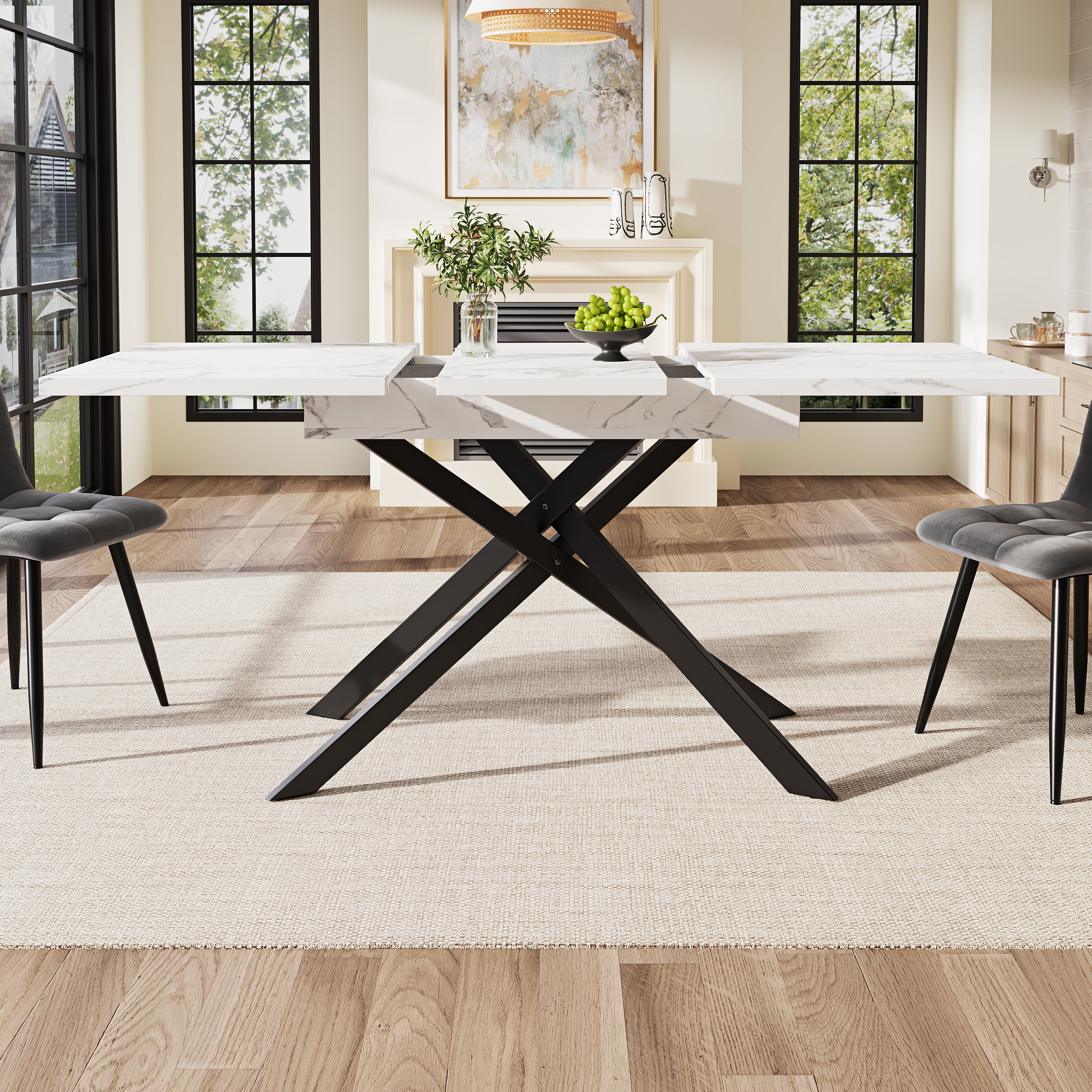Dining table Telescopic table (120–160 cm), extendable dining table, space-saving kitchen table, black crossed iron legs, for kitchen and living room, white marbled dining table