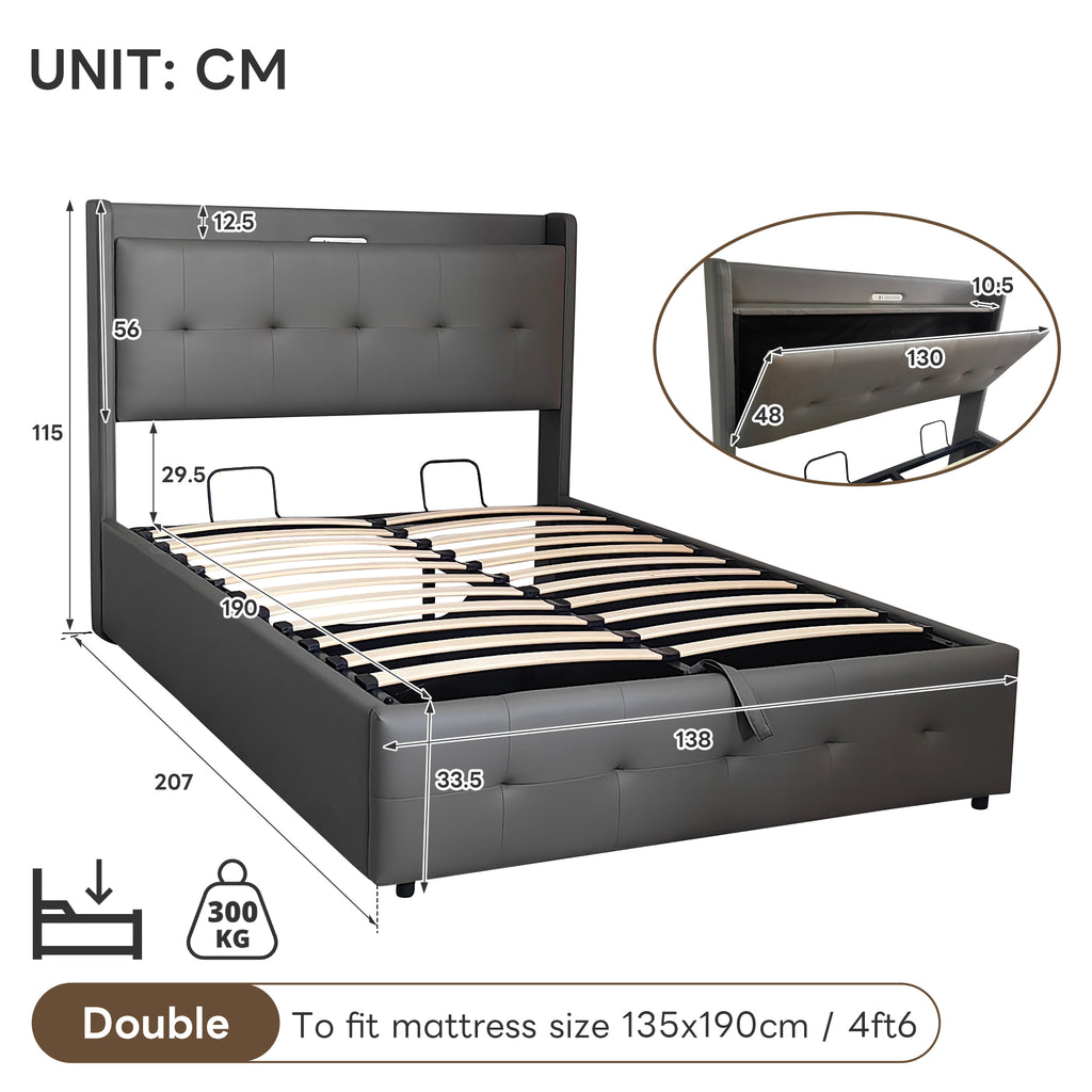 4ft6 Double Upholstered Bed Frame with Hydraulic Storage, PU Leather Ottoman Bed with Concealed Headboard Storage, Double Bed with Charging Station and LED Night Light,  Grey
