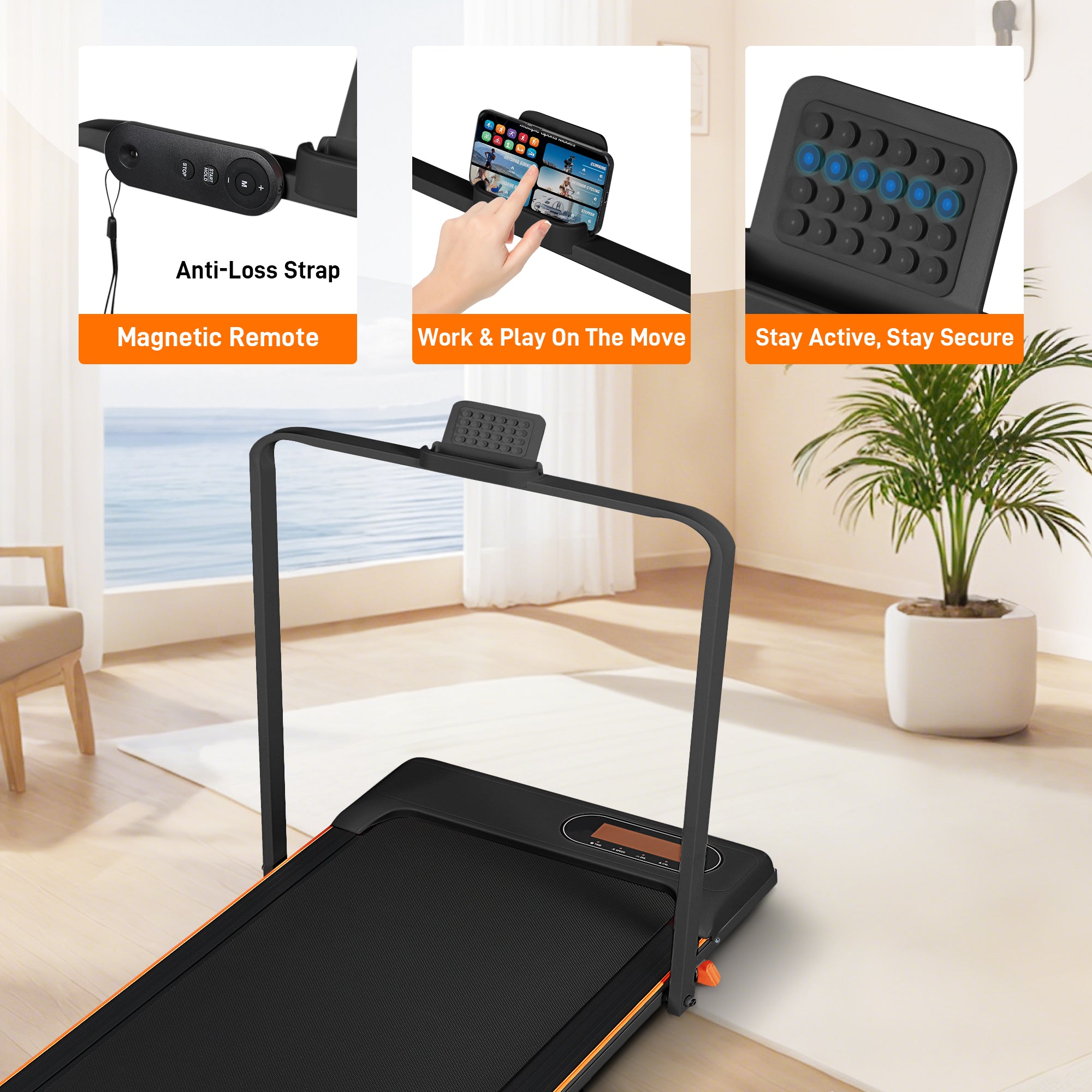 Folding Treadmill with Handrail & Adjustable Incline, 1-10 km/h Running Machine, Space Saving Low Noise Design, LED Display, Phone Holder, Remote Control, Transport Wheels & Plug, Black.