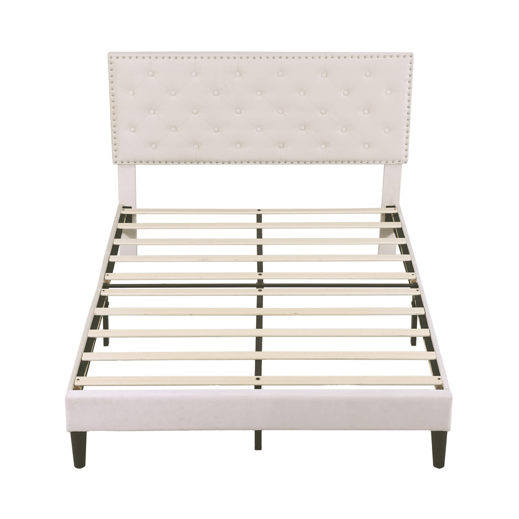 4ft6 Double Upholstered Velvet Bed Frame, with Adjustable Button-Tufted & Riveted Headboard, Velvet Platform Bed Frame with Solid Wood Slat and Mute Foam, No Box Spring Needed, Easy Assembly, Beige