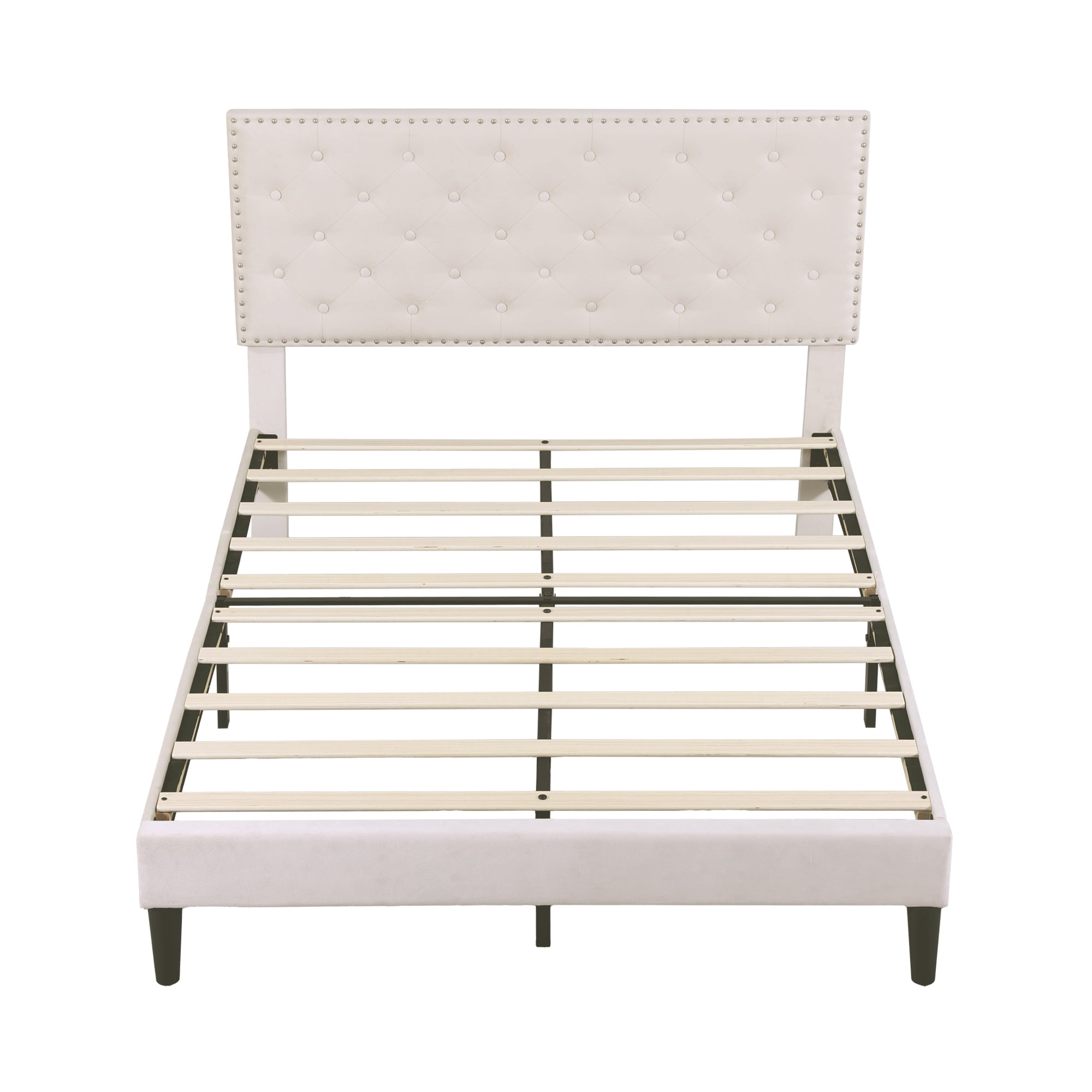 4ft6 Double Upholstered Velvet Bed Frame, with Adjustable Button-Tufted & Riveted Headboard, Velvet Platform Bed Frame with Solid Wood Slat and Mute Foam, No Box Spring Needed, Easy Assembly, Beige