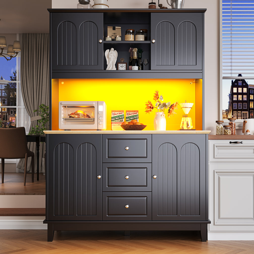 Snack cabinet, kitchen cabinet (120 x 40 x 180 cm), tall kitchen dining cabinet, sideboard, kitchen cabinet with three drawers and LED lighting, suitable for kitchen, living room, dining room, black