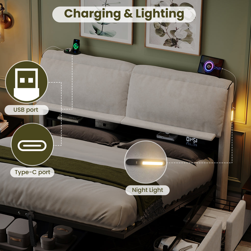 5ft King Bed with Hydraulic Storage, Velvet Upholstered Bed with Headboard Flip-top Storage and Drawers, Back Cushion Headboard with Charging Station and LED Night Light, Cream White (No Mattress)