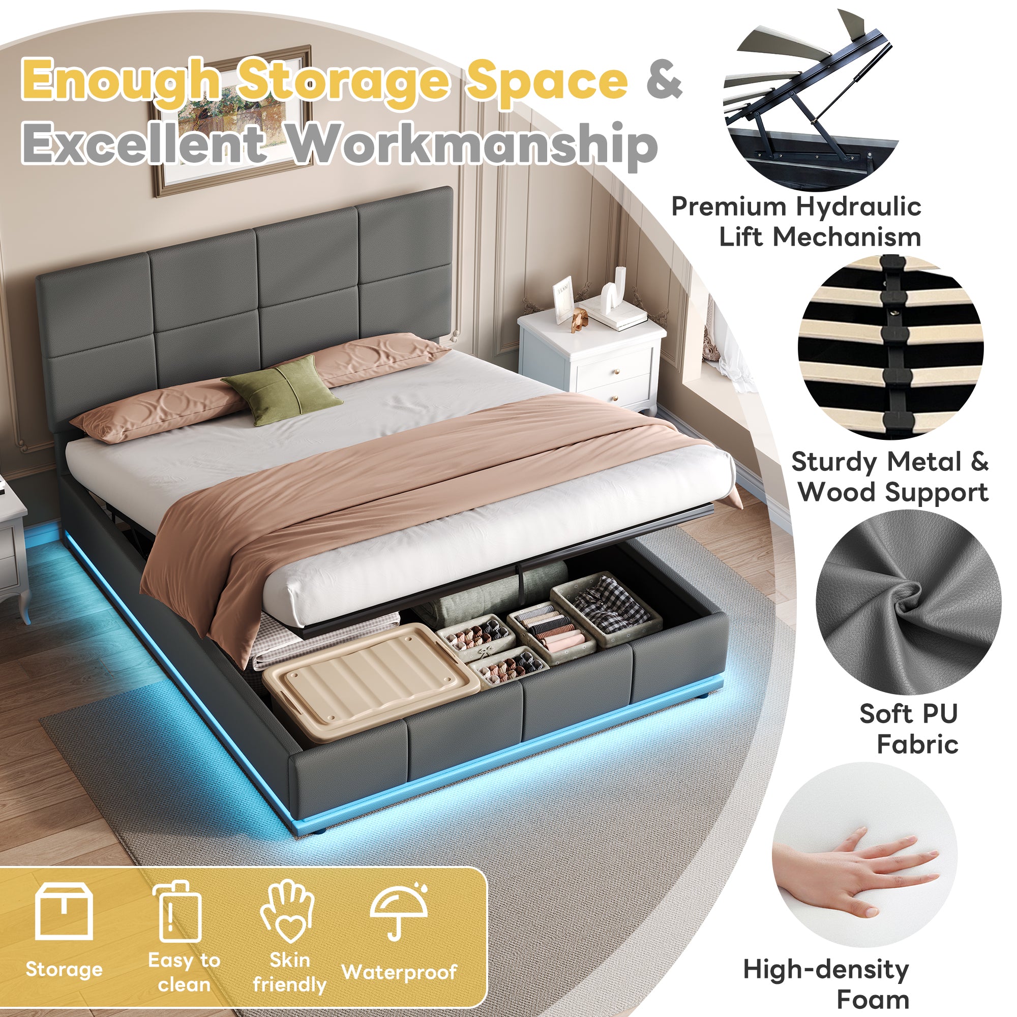 Ottoman Double Bed with LED Lighting, PU Leather Upholstered Bed with Hydraulic Storage, 4ft6 Double Bed Frame with Adjustable Square Tufted Headboard, Grey (No Mattress)