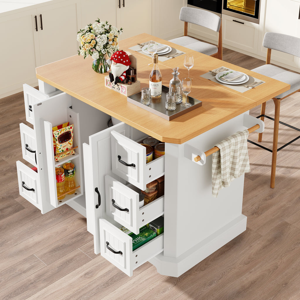Mobile Kitchen Island Cart on Wheels - Cabinet with 2 Doors & 6 Drawers, Adjustable Width 45-75cm, White/Black